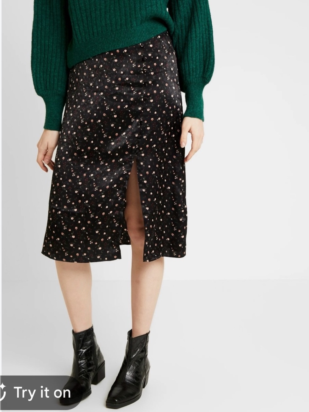Hollister Black Midi Skirt Ultra High Rise with Pink Floral Print and Front Slit